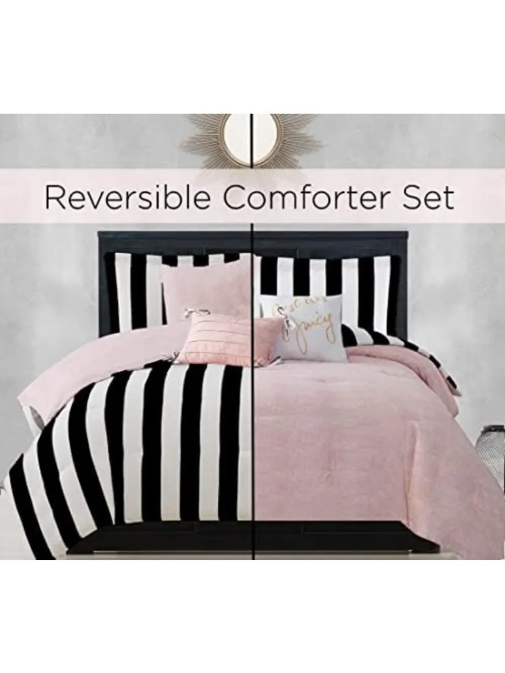 Reversible Queen Bedding Set - Black & White Stripe - 6 Piece Comforter